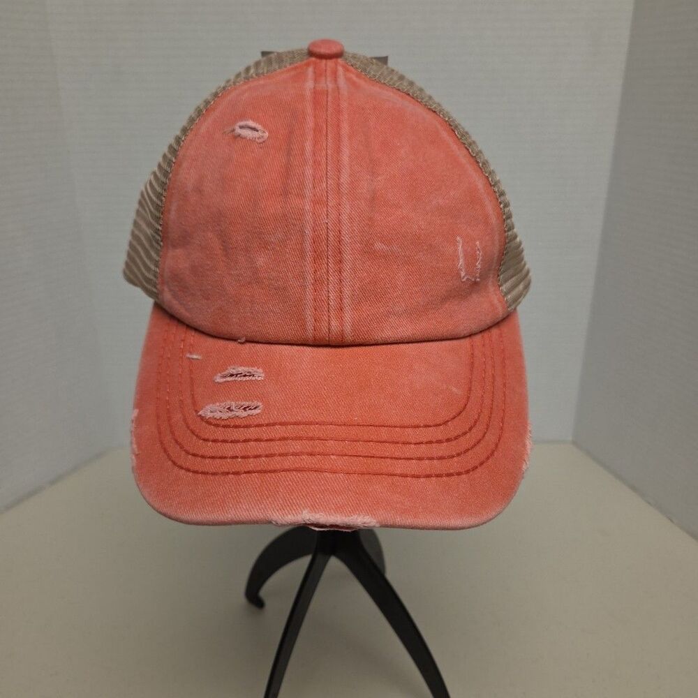 C.C Distressed Womens Criss Cross High Bun Ponytail Adjust Pink Baseball Cap Hat - Picture 2 of 11